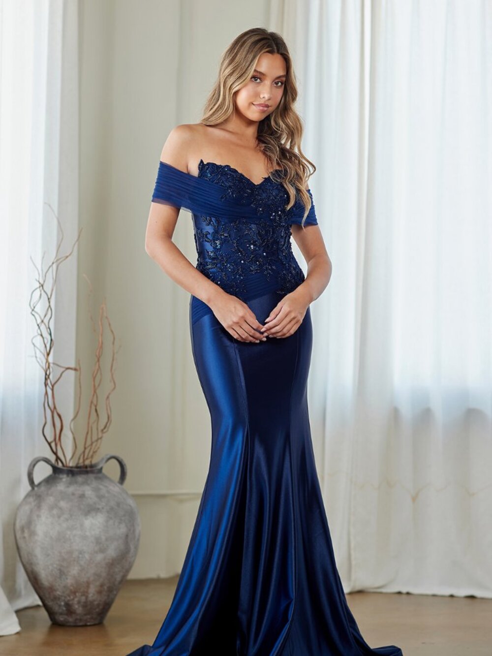 New Navy Off The Shoulder Fashion Forward Beaded Gown w/ Mermaid Cut AC 8074